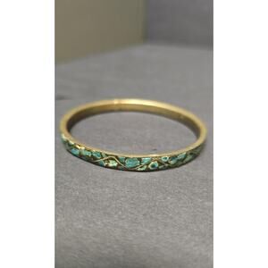 Vintage Blue Turquoise Mosaic Inlay Bangle Bracelet Womens Brass Jewelry